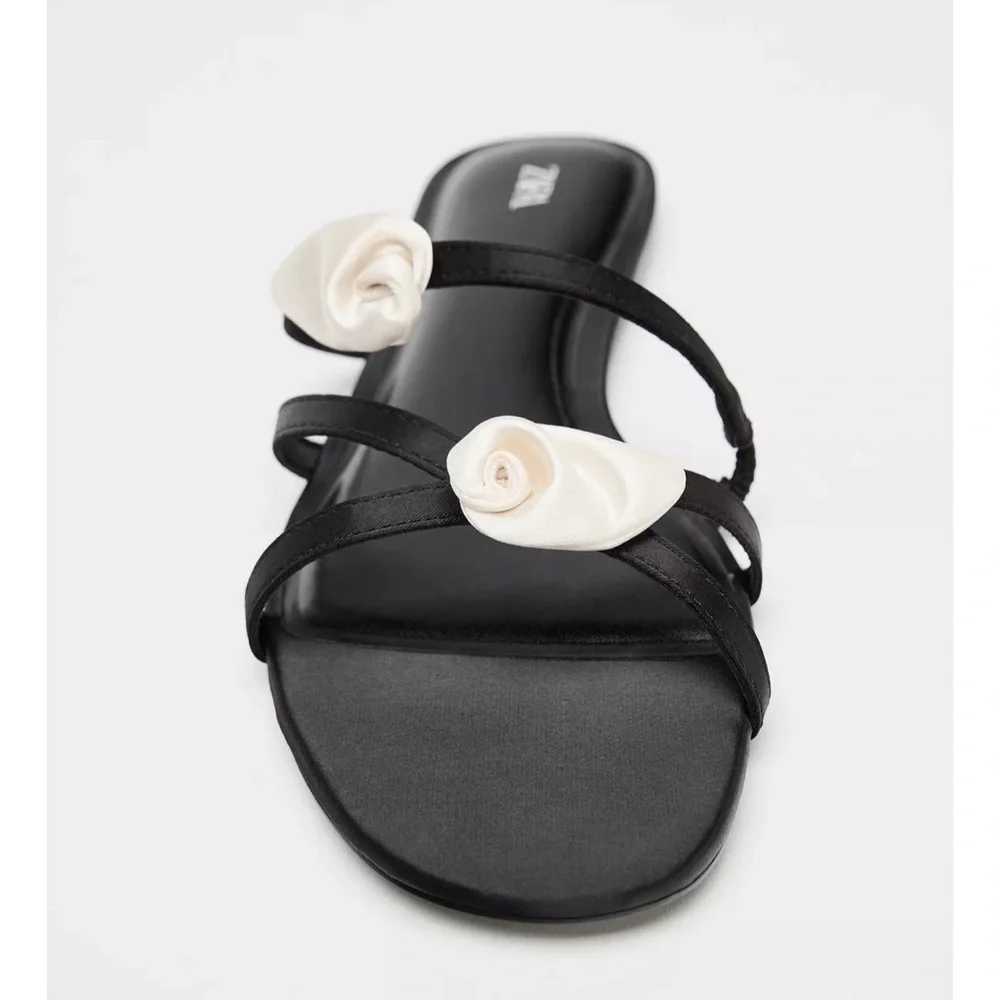 Zara Satin Effect Flower Sandals Black and White NWT